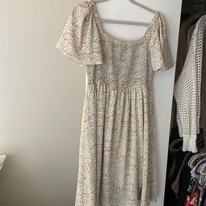 Pink Blush Smocked Floral Dress with Flutter Sleeves